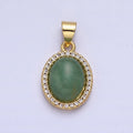 24K Gold plated Green Aventurine Natural Gemstone Micro Paved CZ Oval Pendant | AA180 - DLUXCA