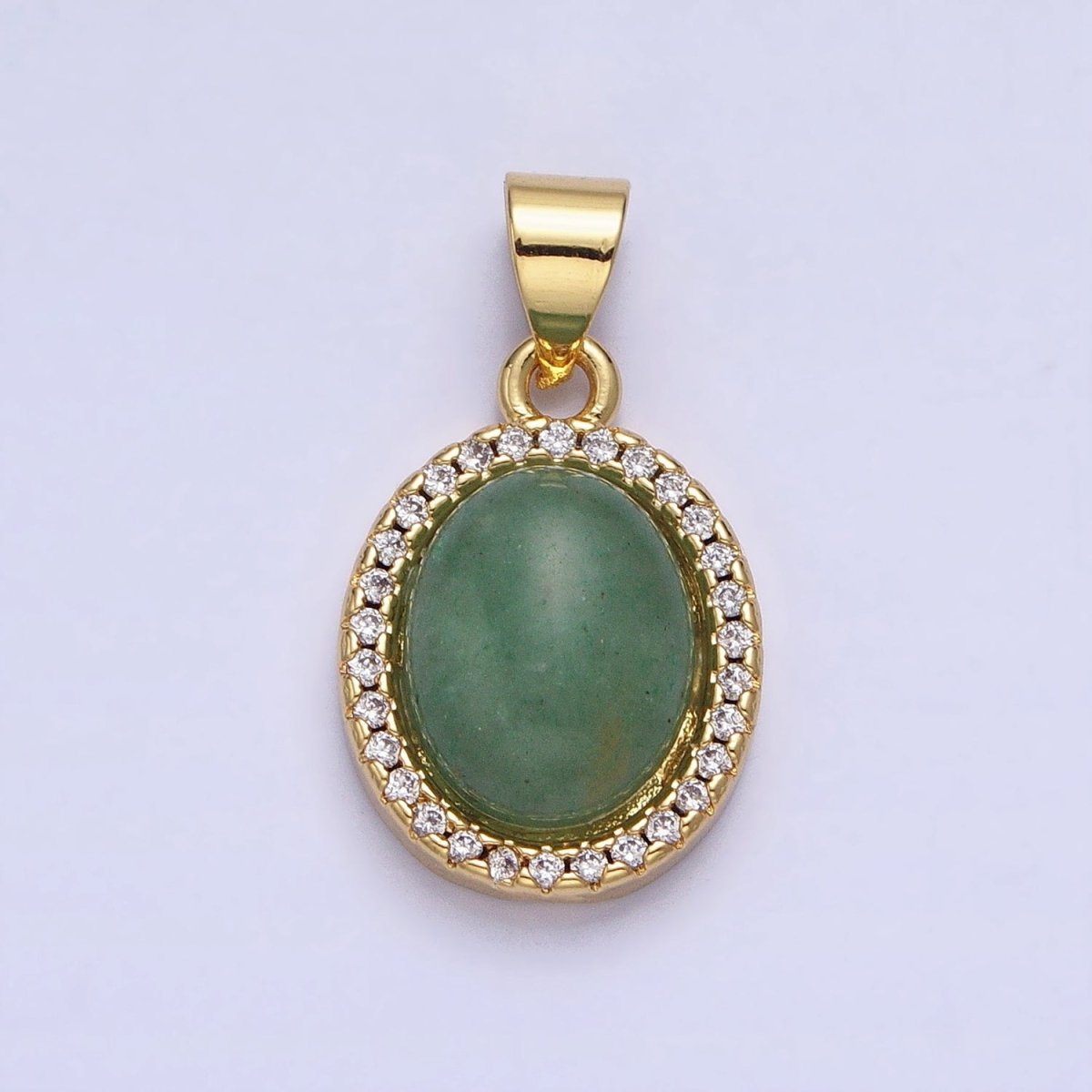 24K Gold plated Green Aventurine Natural Gemstone Micro Paved CZ Oval Pendant | AA180 - DLUXCA