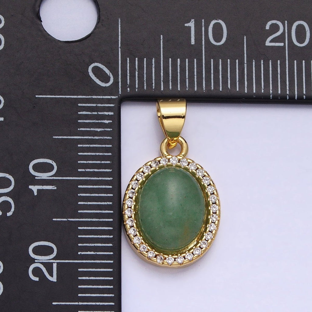 24K Gold plated Green Aventurine Natural Gemstone Micro Paved CZ Oval Pendant | AA180 - DLUXCA