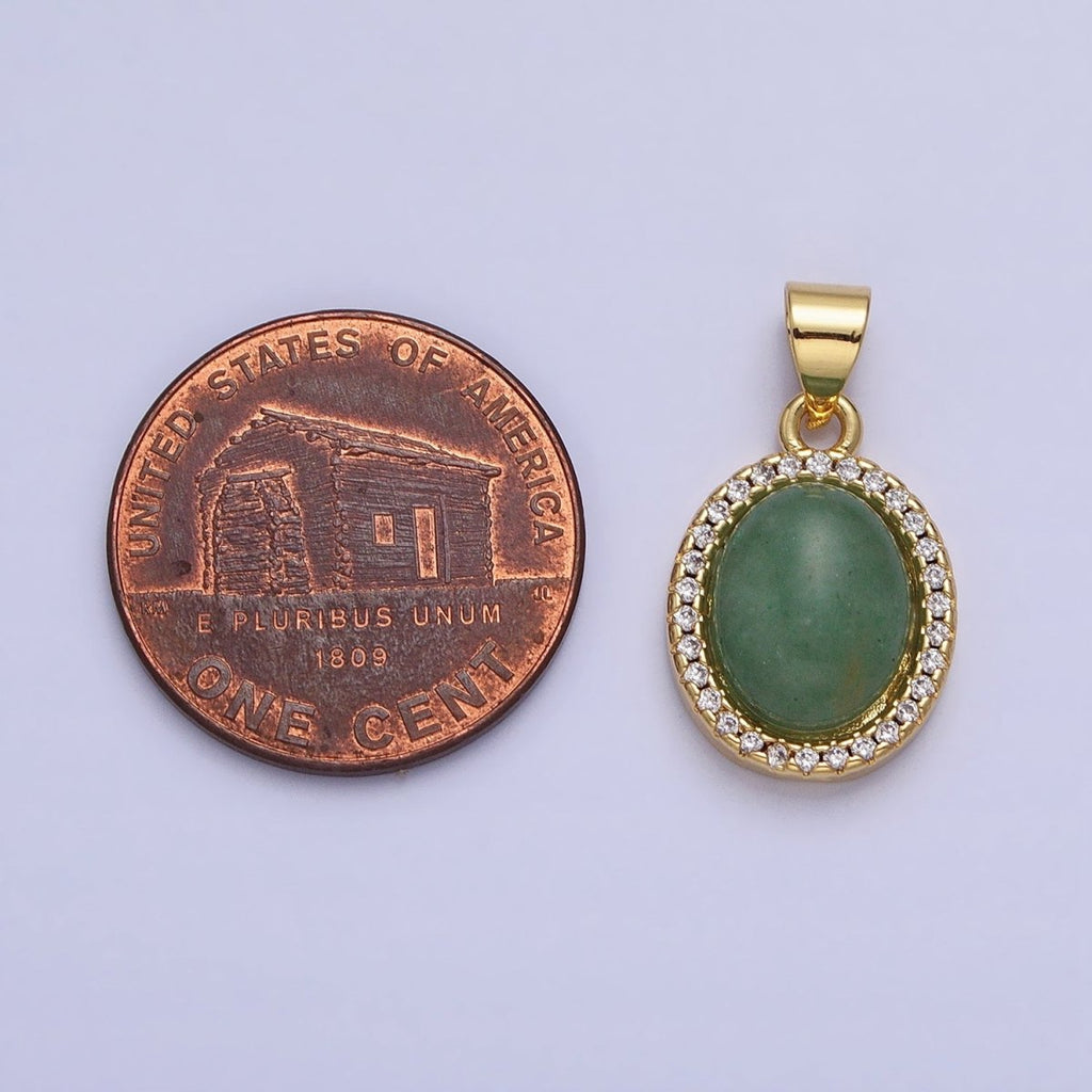 24K Gold plated Green Aventurine Natural Gemstone Micro Paved CZ Oval Pendant | AA180 - DLUXCA