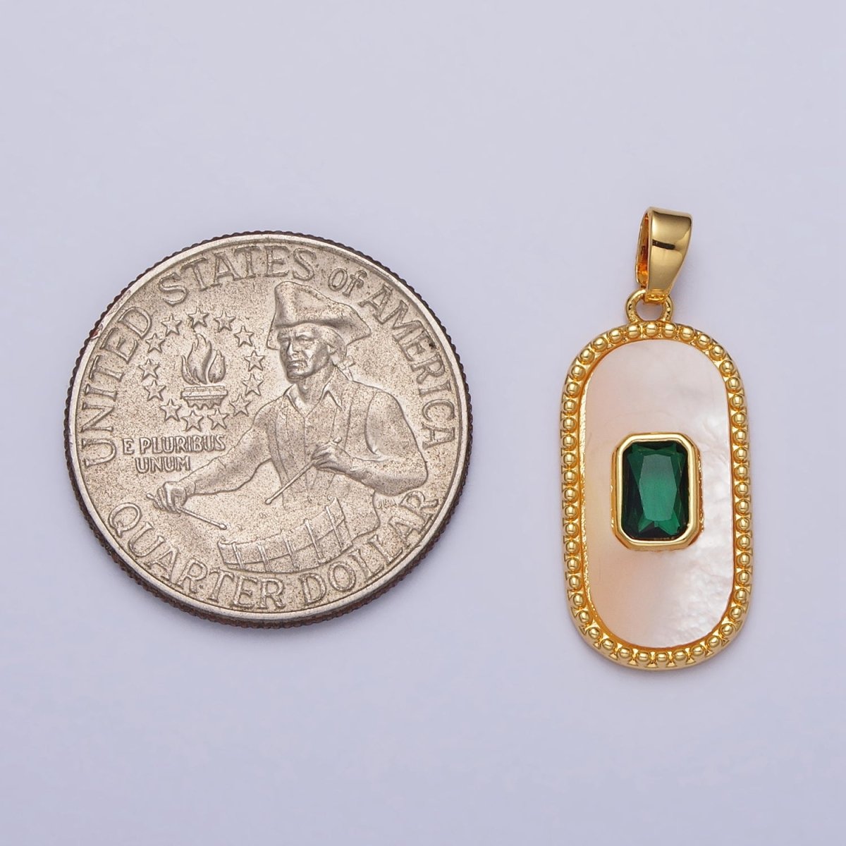 24K Gold plated Green Baguette CZ Shell Pearl Oblong Beaded Pendant | AA111 - DLUXCA