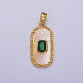 24K Gold plated Green Baguette CZ Shell Pearl Oblong Beaded Pendant | AA111 - DLUXCA