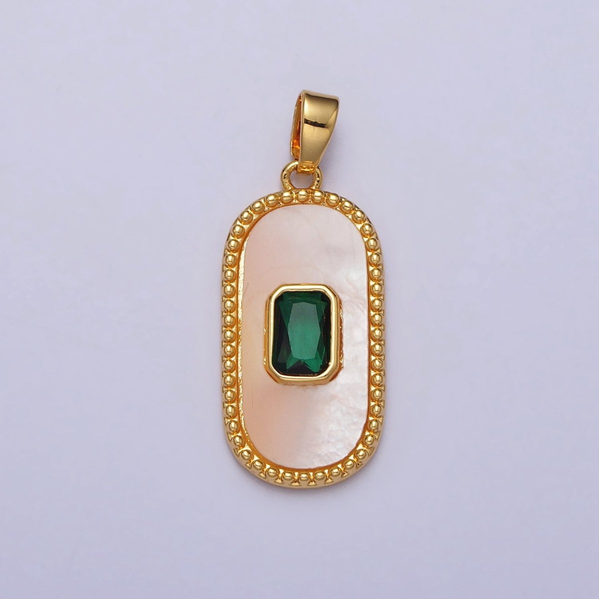 24K Gold plated Green Baguette CZ Shell Pearl Oblong Beaded Pendant | AA111 - DLUXCA