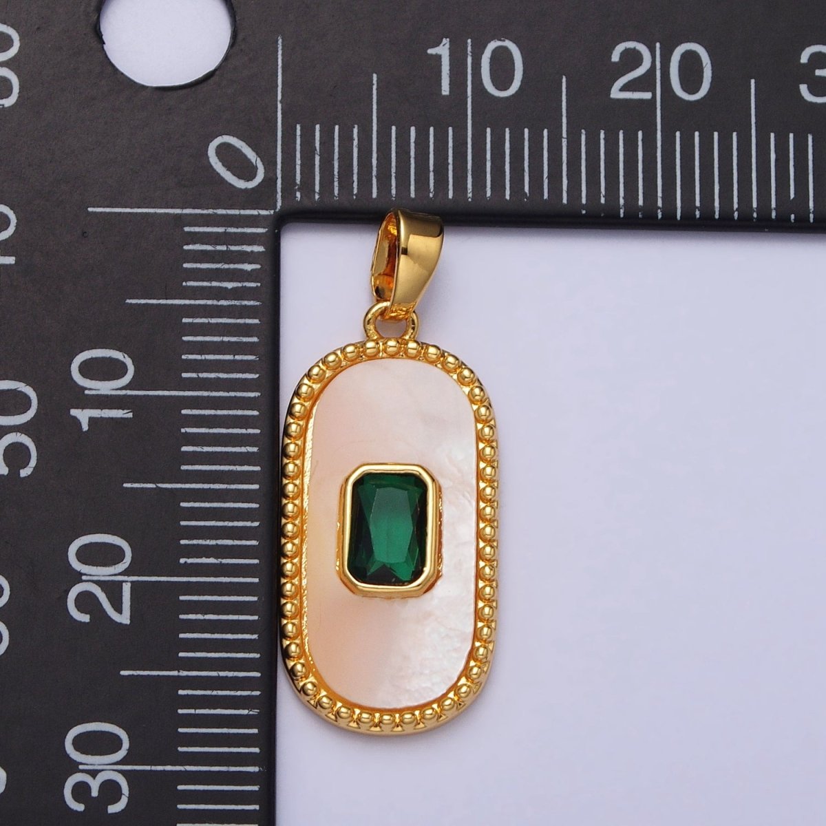 24K Gold plated Green Baguette CZ Shell Pearl Oblong Beaded Pendant | AA111 - DLUXCA