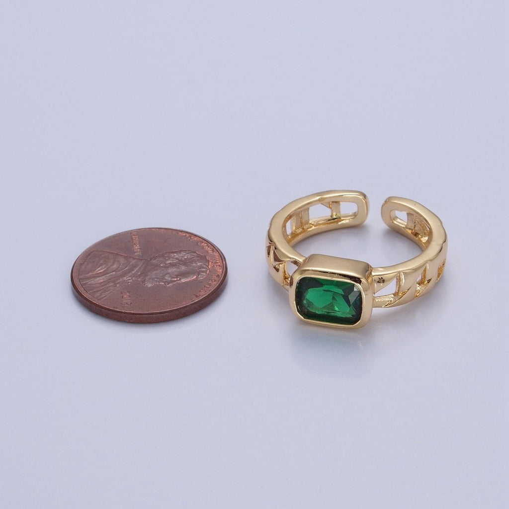 24K Gold plated Green Baguette CZ with Chain Link Band O-2211 - DLUXCA