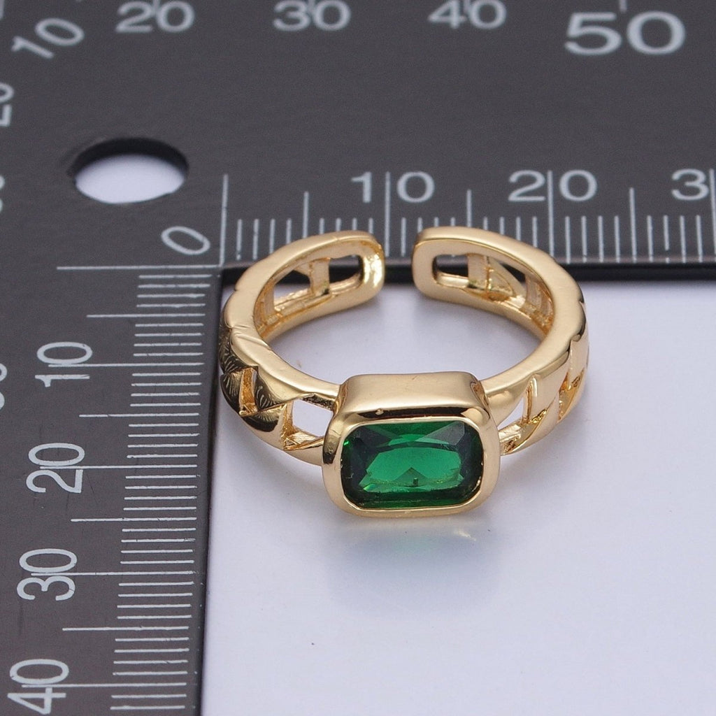 24K Gold plated Green Baguette CZ with Chain Link Band O-2211 - DLUXCA