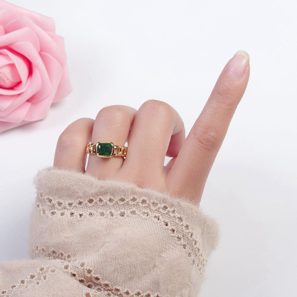 24K Gold plated Green Baguette CZ with Chain Link Band O-2211 - DLUXCA