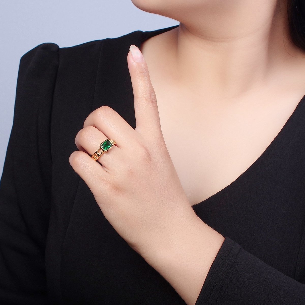 24K Gold plated Green Baguette CZ with Chain Link Band O-2211 - DLUXCA