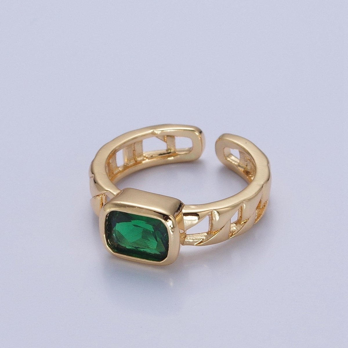 24K Gold plated Green Baguette CZ with Chain Link Band O-2211 - DLUXCA