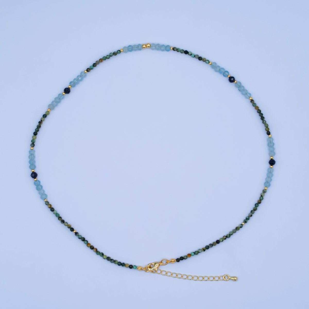 24K Gold plated Green Blue Multifaceted Gemstone Bead 17 Inch Necklace | WA - 2965 