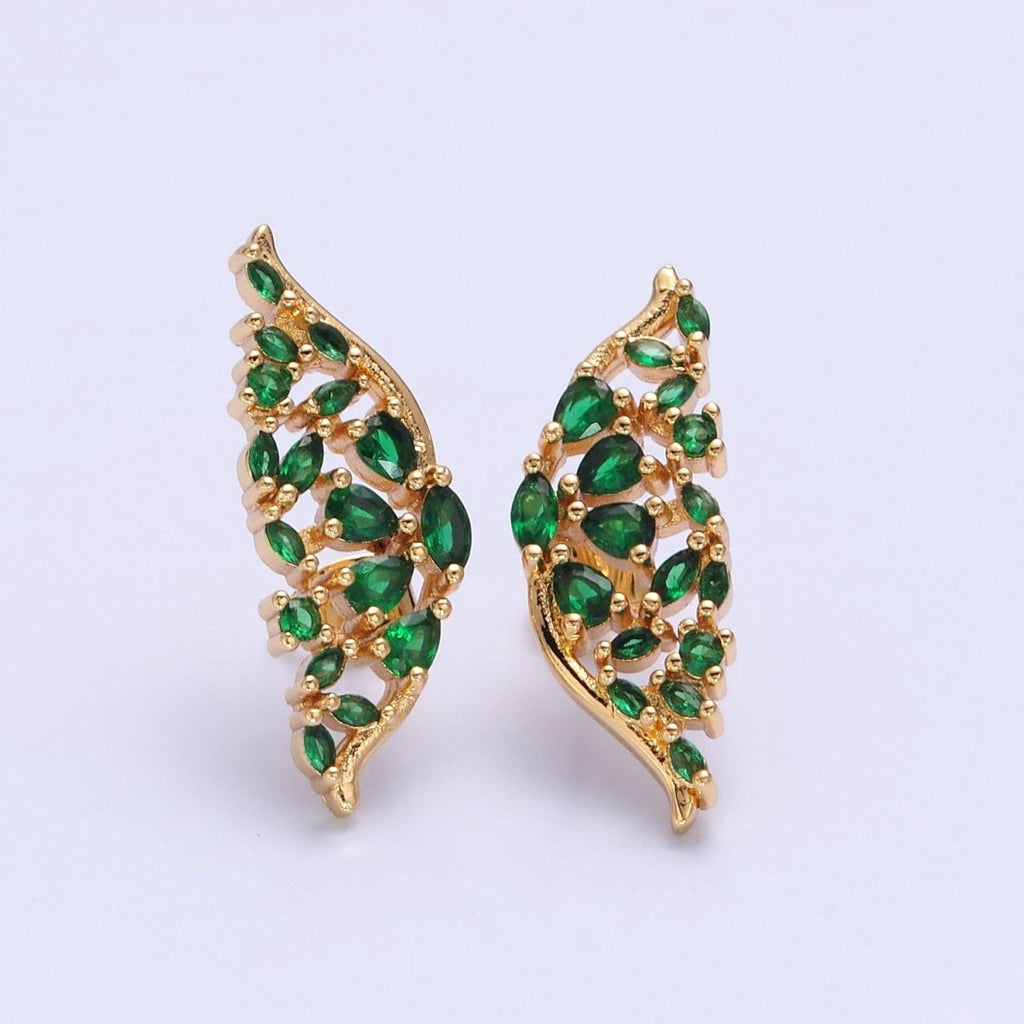 24K Gold plated Green Butterfly Wings Studs, Micro Pave Mariposa Emerald Earrings V-446 - DLUXCA