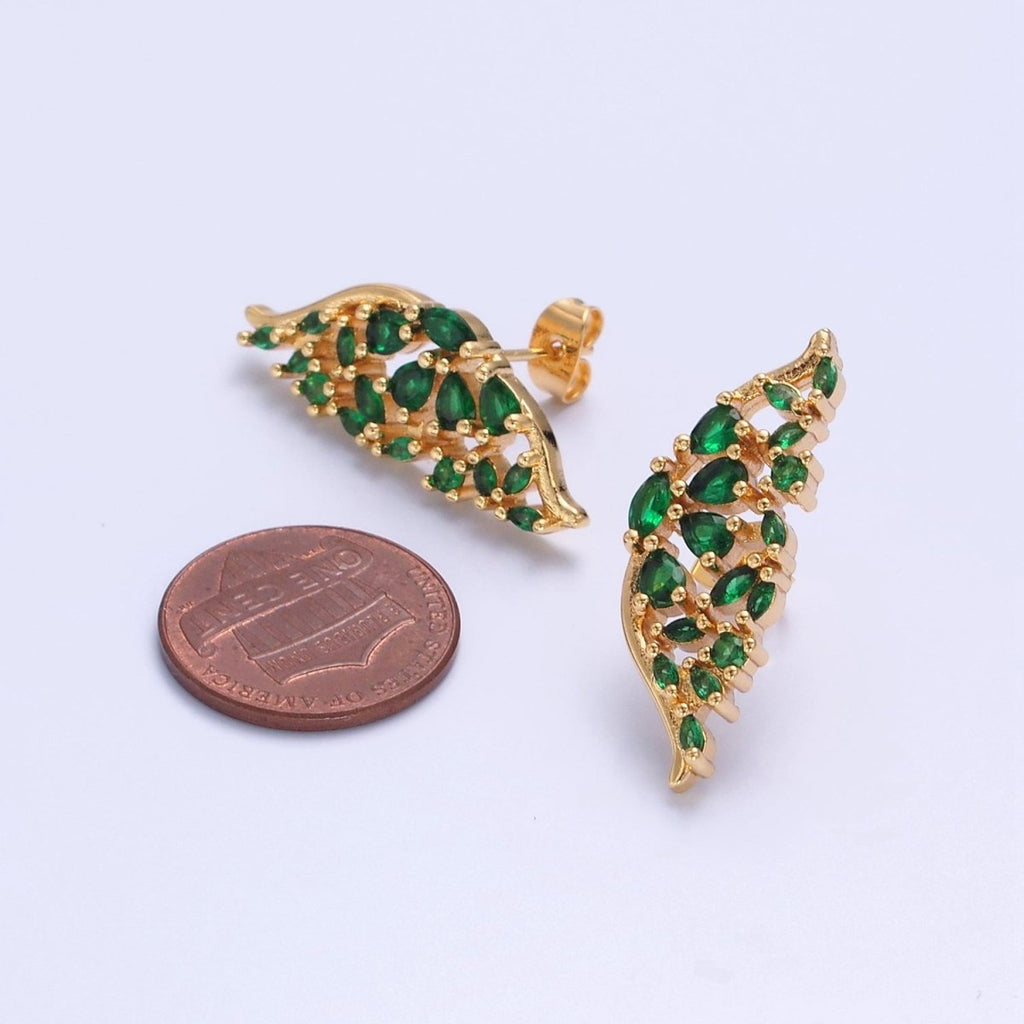 24K Gold plated Green Butterfly Wings Studs, Micro Pave Mariposa Emerald Earrings V-446 - DLUXCA