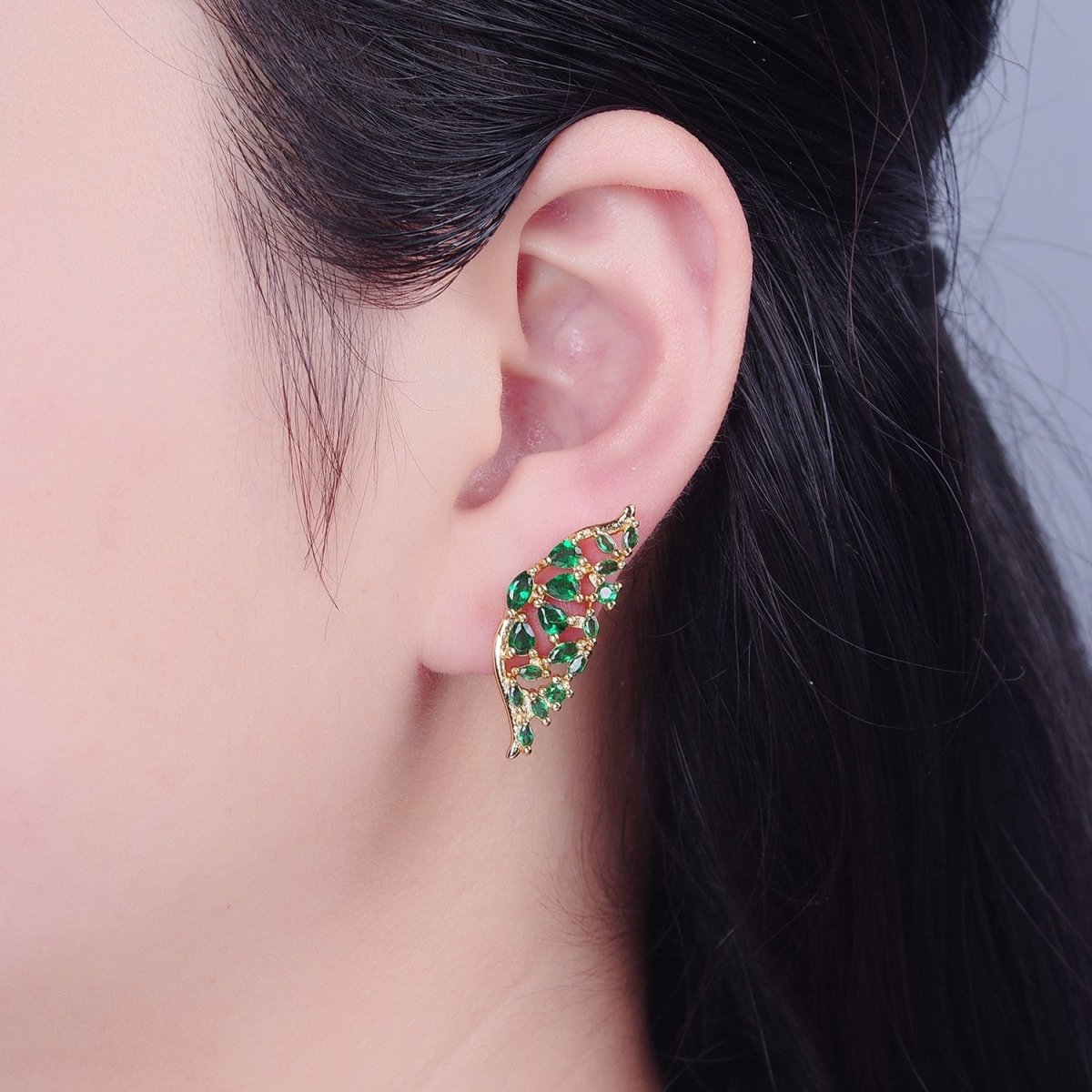 24K Gold plated Green Butterfly Wings Studs, Micro Pave Mariposa Emerald Earrings V-446 - DLUXCA