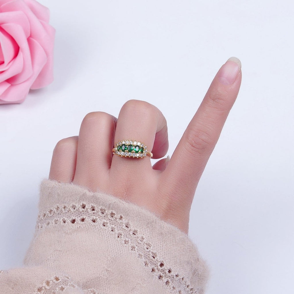 24K Gold plated Green & Clear CZ Cubic Zirconia Ring O-2296 - DLUXCA