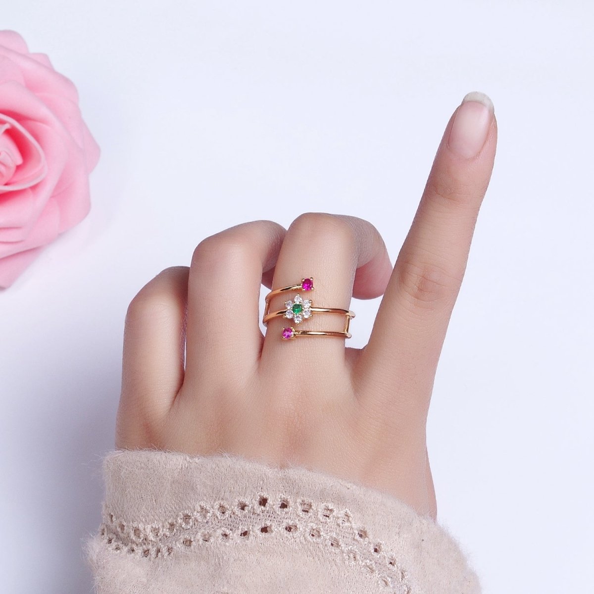 24K Gold plated Green Clear Flower Fuchsia Round CZ Double Band Ring in Gold & Silver | O-1930 O-1931