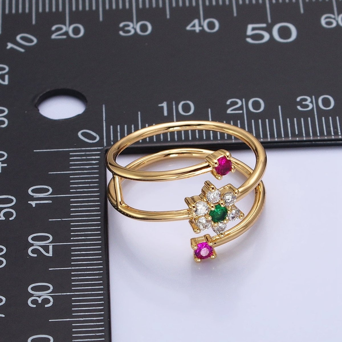 24K Gold plated Green Clear Flower Fuchsia Round CZ Double Band Ring in Gold & Silver | O-1930 O-1931