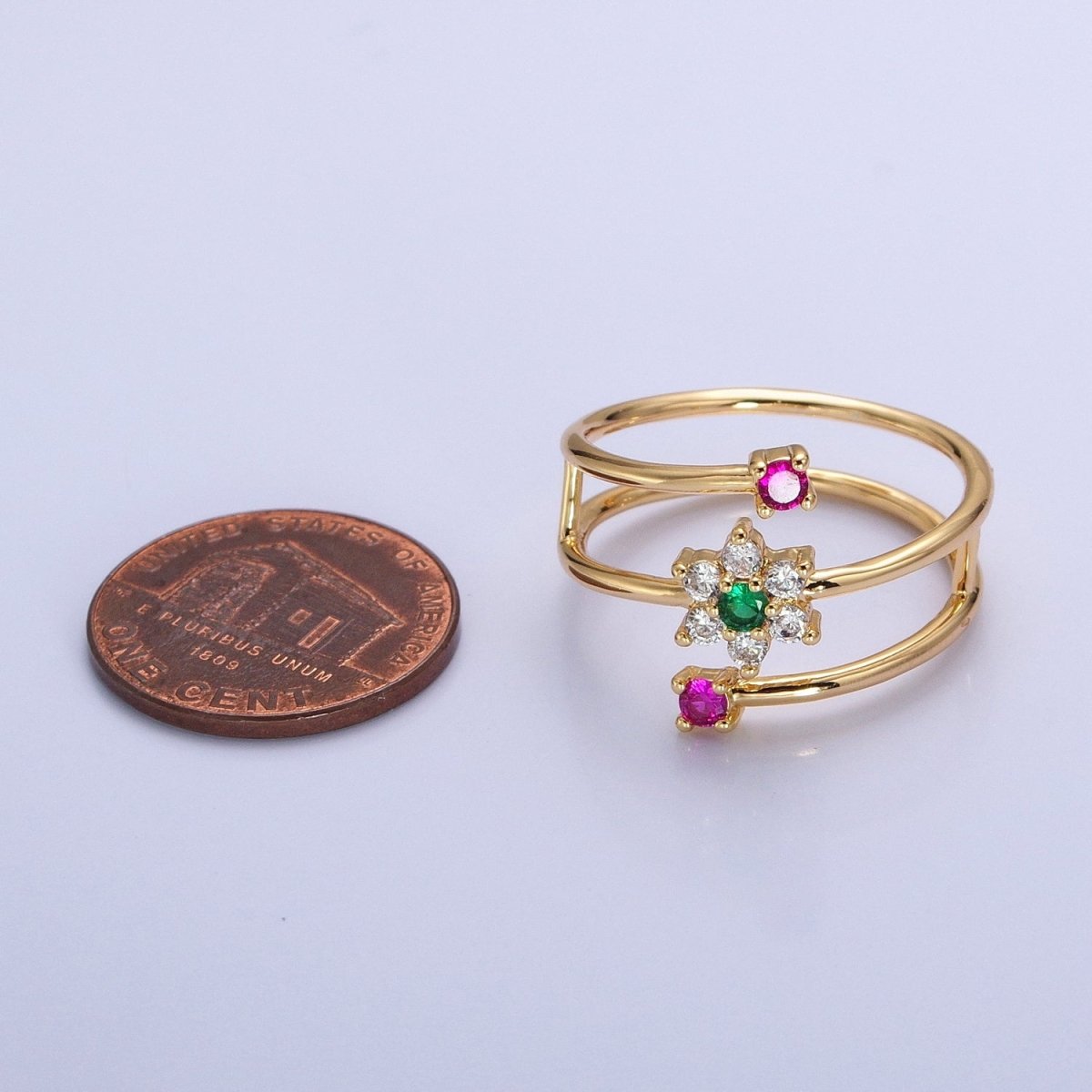 24K Gold plated Green Clear Flower Fuchsia Round CZ Double Band Ring in Gold & Silver | O-1930 O-1931
