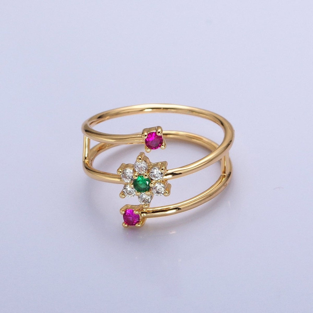 24K Gold plated Green Clear Flower Fuchsia Round CZ Double Band Ring in Gold & Silver | O-1930 O-1931