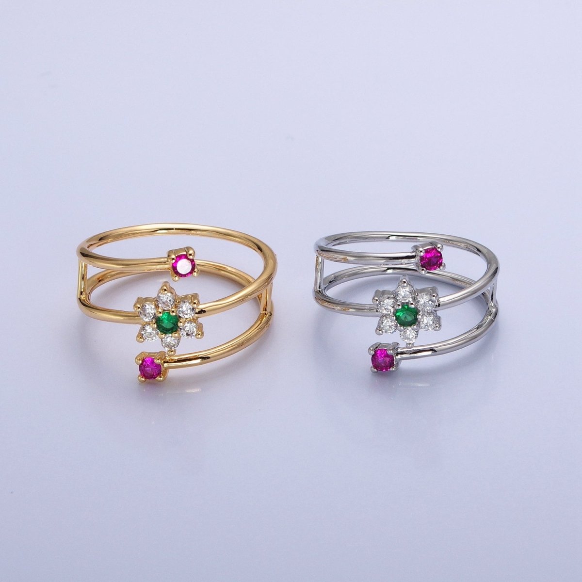 24K Gold plated Green Clear Flower Fuchsia Round CZ Double Band Ring in Gold & Silver | O-1930 O-1931