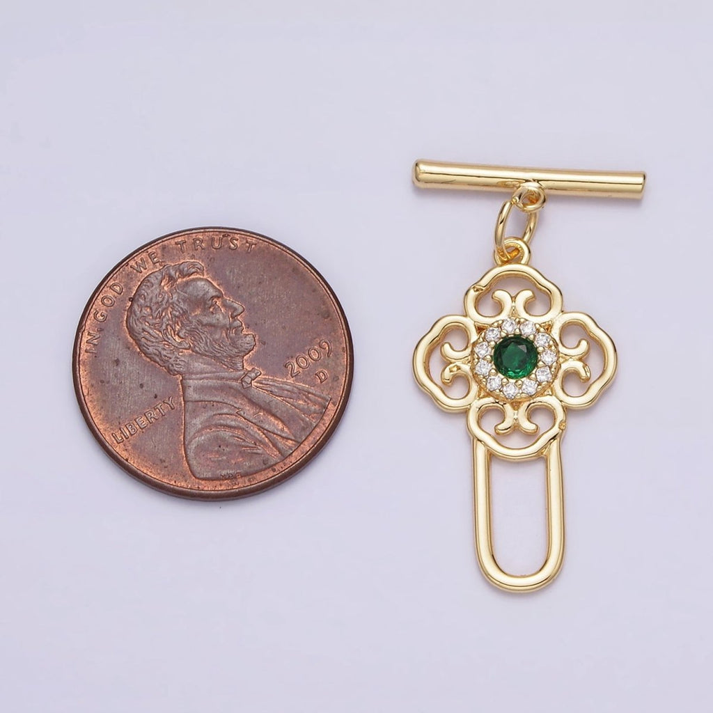 24K Gold plated Green CZ Artisan Key Oblong Toggle Clasps Closure Jewelry Making Supply | Z-439 - DLUXCA