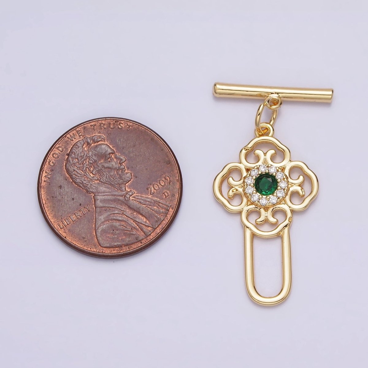 24K Gold plated Green CZ Artisan Key Oblong Toggle Clasps Closure Jewelry Making Supply | Z-439 - DLUXCA