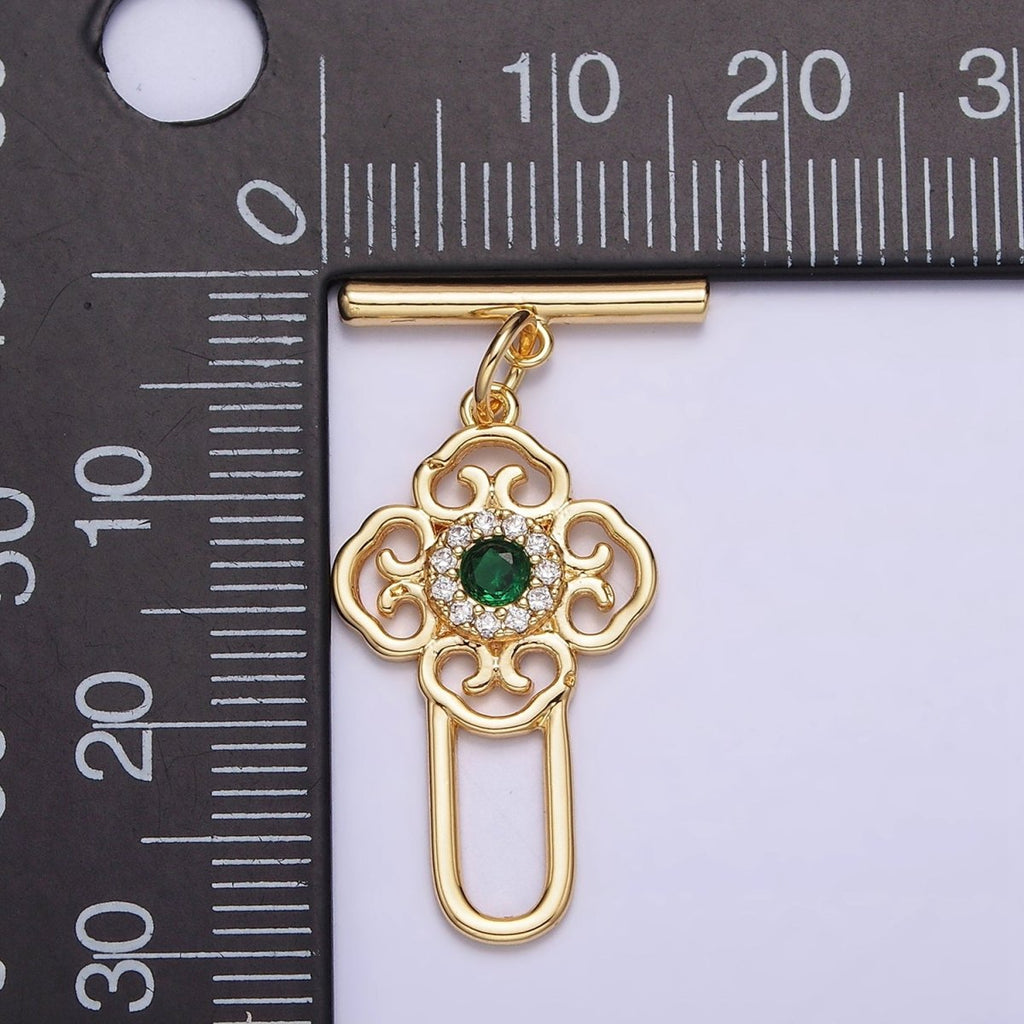 24K Gold plated Green CZ Artisan Key Oblong Toggle Clasps Closure Jewelry Making Supply | Z-439 - DLUXCA