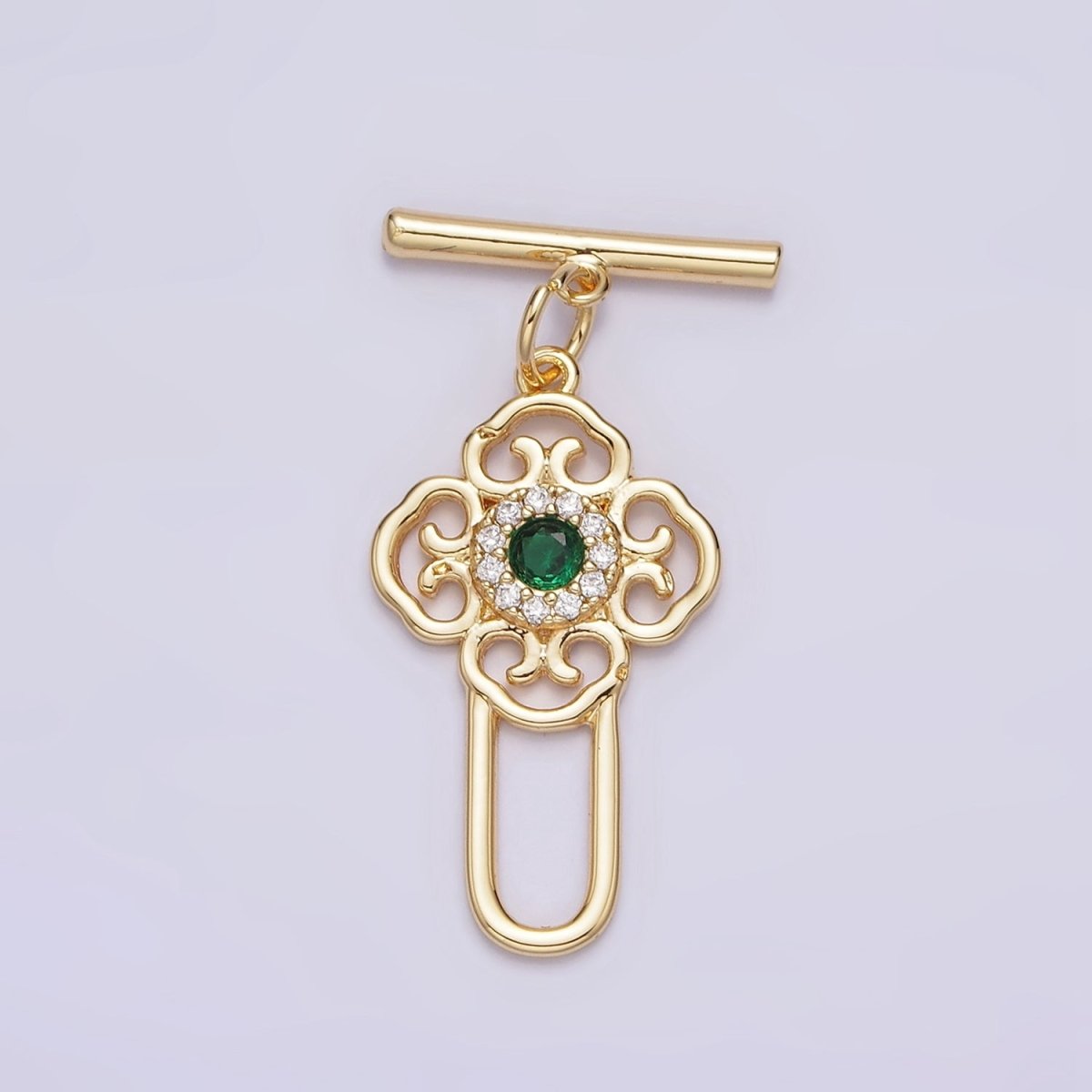 24K Gold plated Green CZ Artisan Key Oblong Toggle Clasps Closure Jewelry Making Supply | Z-439 - DLUXCA