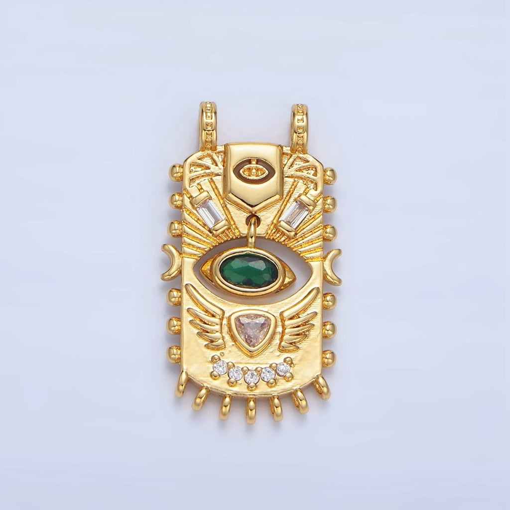 24K Gold plated Green CZ Baguette Geometric Evil Eye Dotted Outline Tag Connector | F481 - DLUXCA
