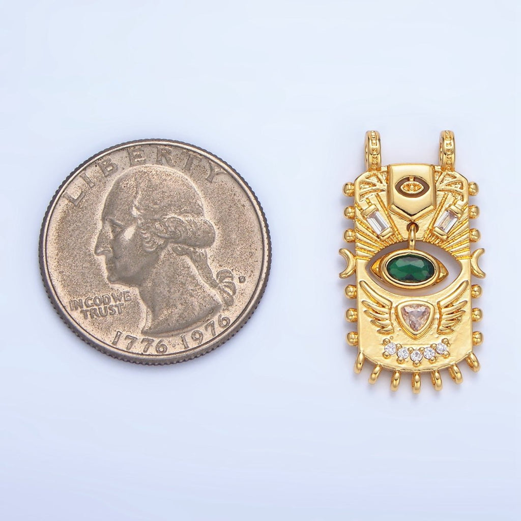 24K Gold plated Green CZ Baguette Geometric Evil Eye Dotted Outline Tag Connector | F481 - DLUXCA