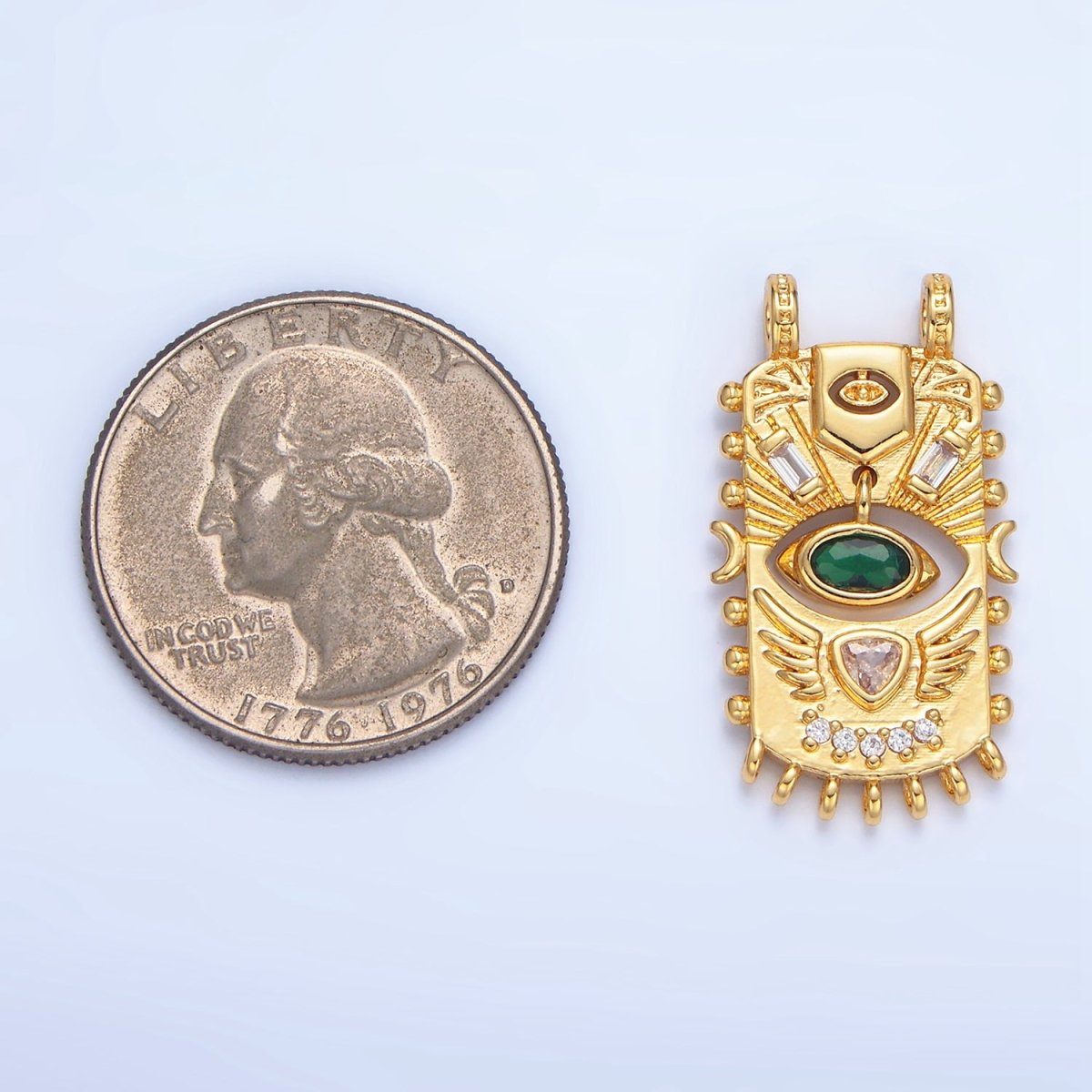 24K Gold plated Green CZ Baguette Geometric Evil Eye Dotted Outline Tag Connector | F481 - DLUXCA