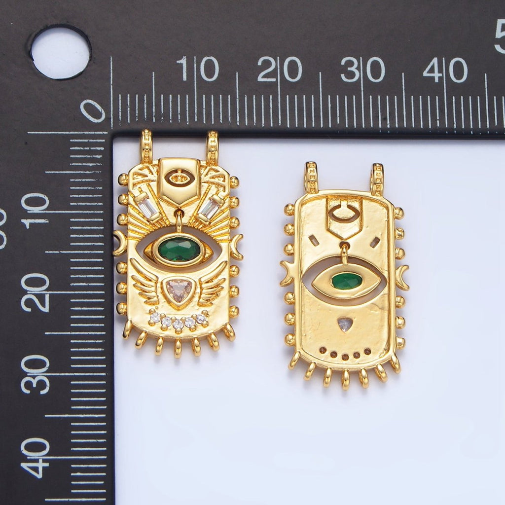 24K Gold plated Green CZ Baguette Geometric Evil Eye Dotted Outline Tag Connector | F481 - DLUXCA