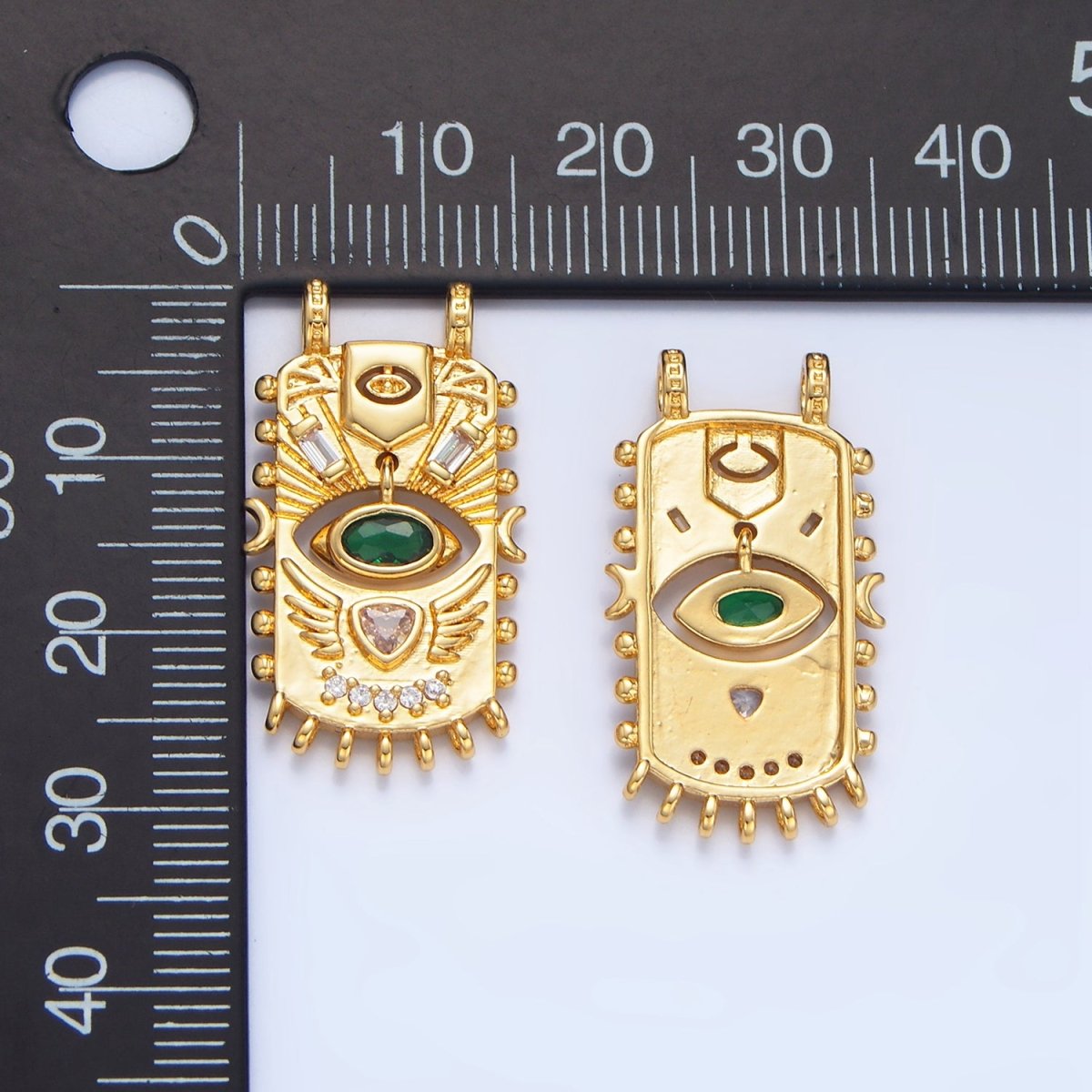 24K Gold plated Green CZ Baguette Geometric Evil Eye Dotted Outline Tag Connector | F481 - DLUXCA