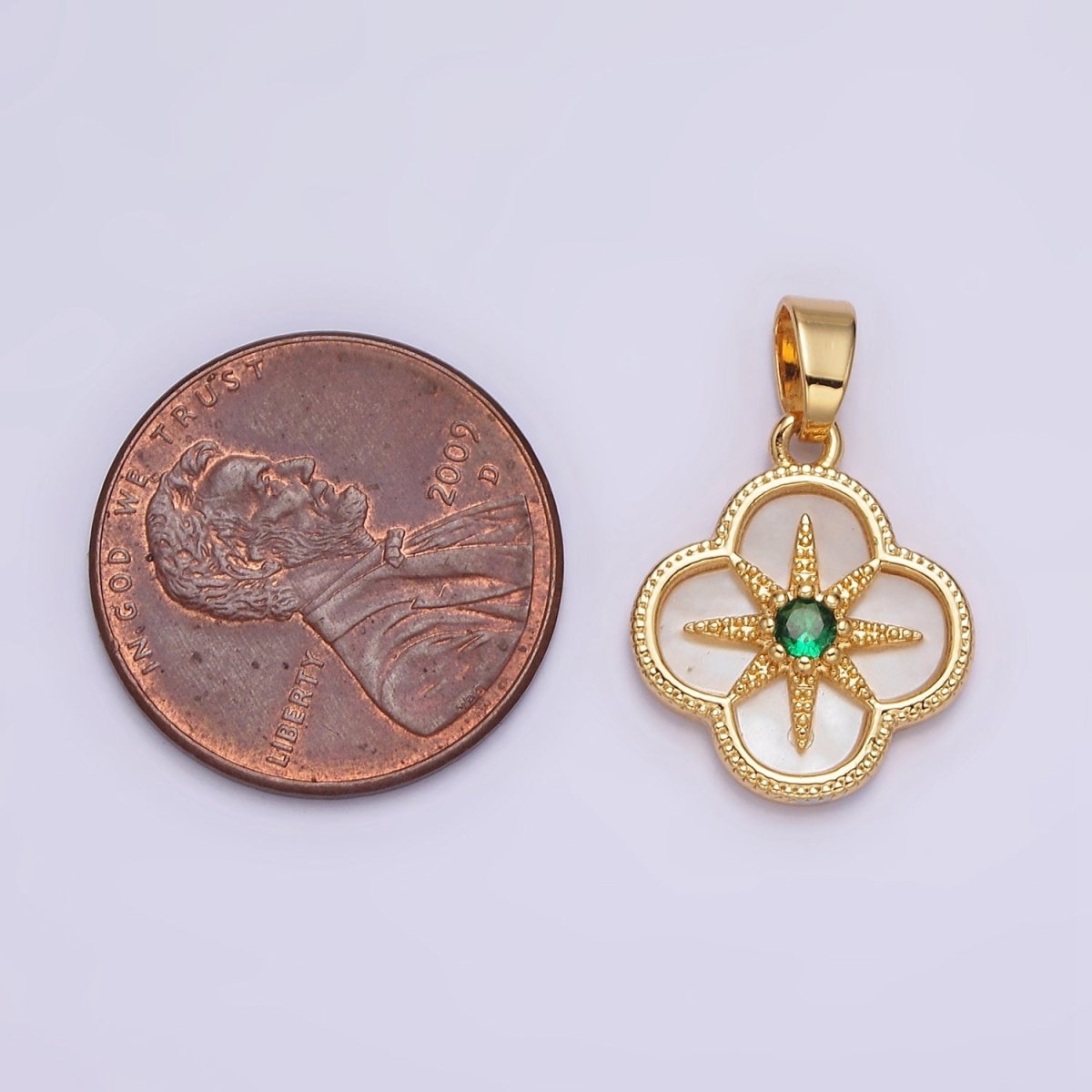 24K Gold plated Green CZ Beaded Celestial North Star Shell Pearl Quatrefoil Pendant | AA562 - DLUXCA