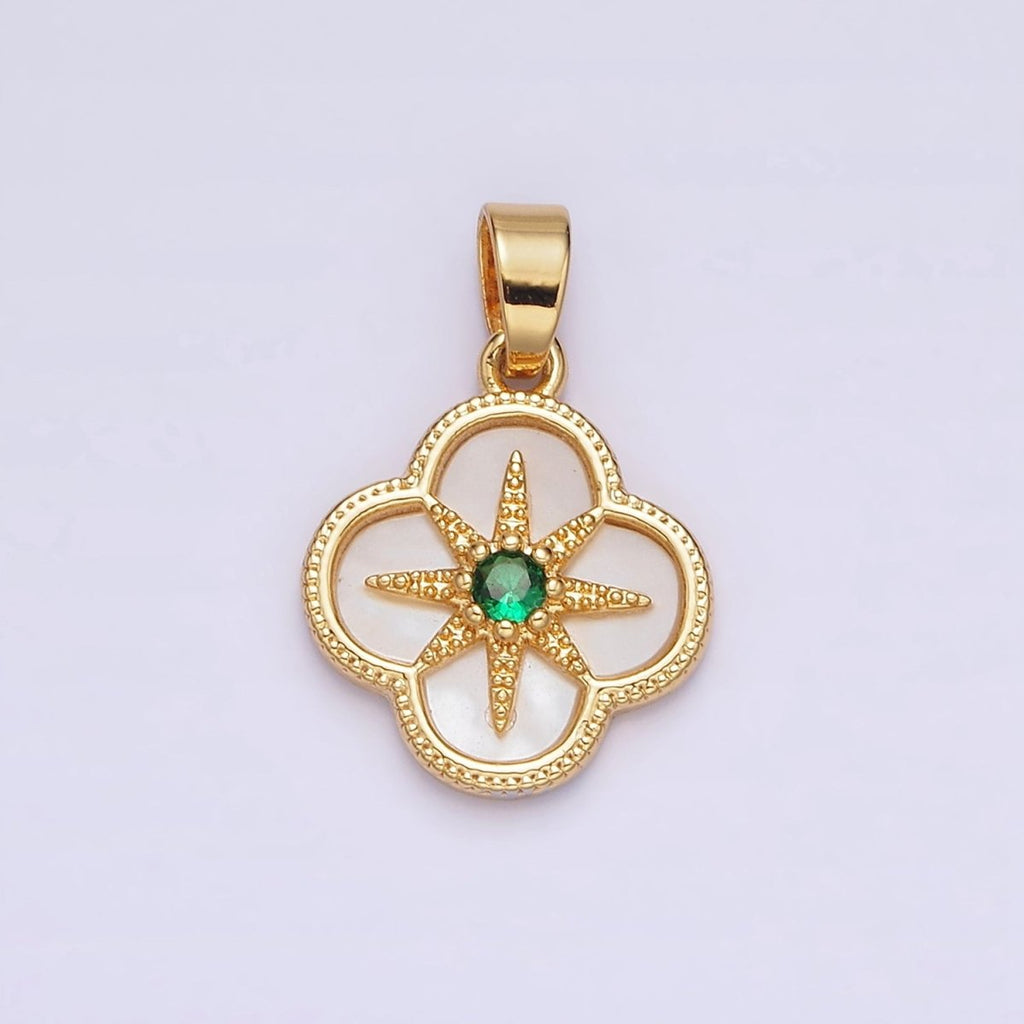 24K Gold plated Green CZ Beaded Celestial North Star Shell Pearl Quatrefoil Pendant | AA562 - DLUXCA