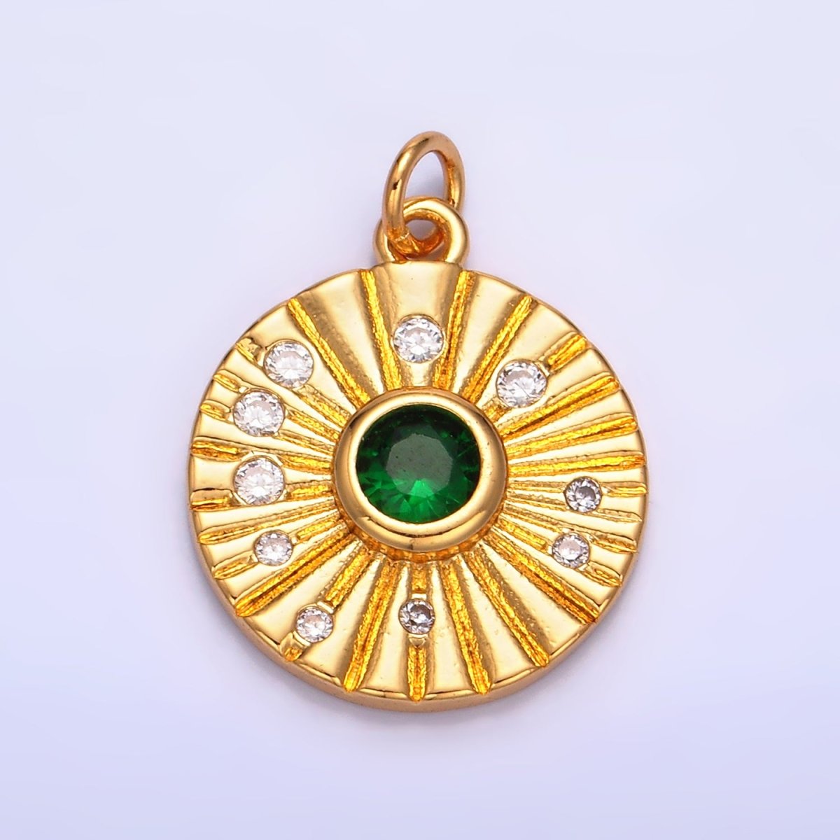 24K Gold plated Green CZ Dotted Ribbed Round Geometric Charm | W274 - DLUXCA