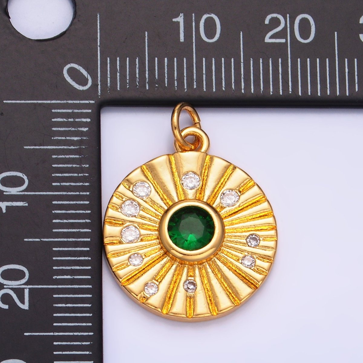 24K Gold plated Green CZ Dotted Ribbed Round Geometric Charm | W274 - DLUXCA