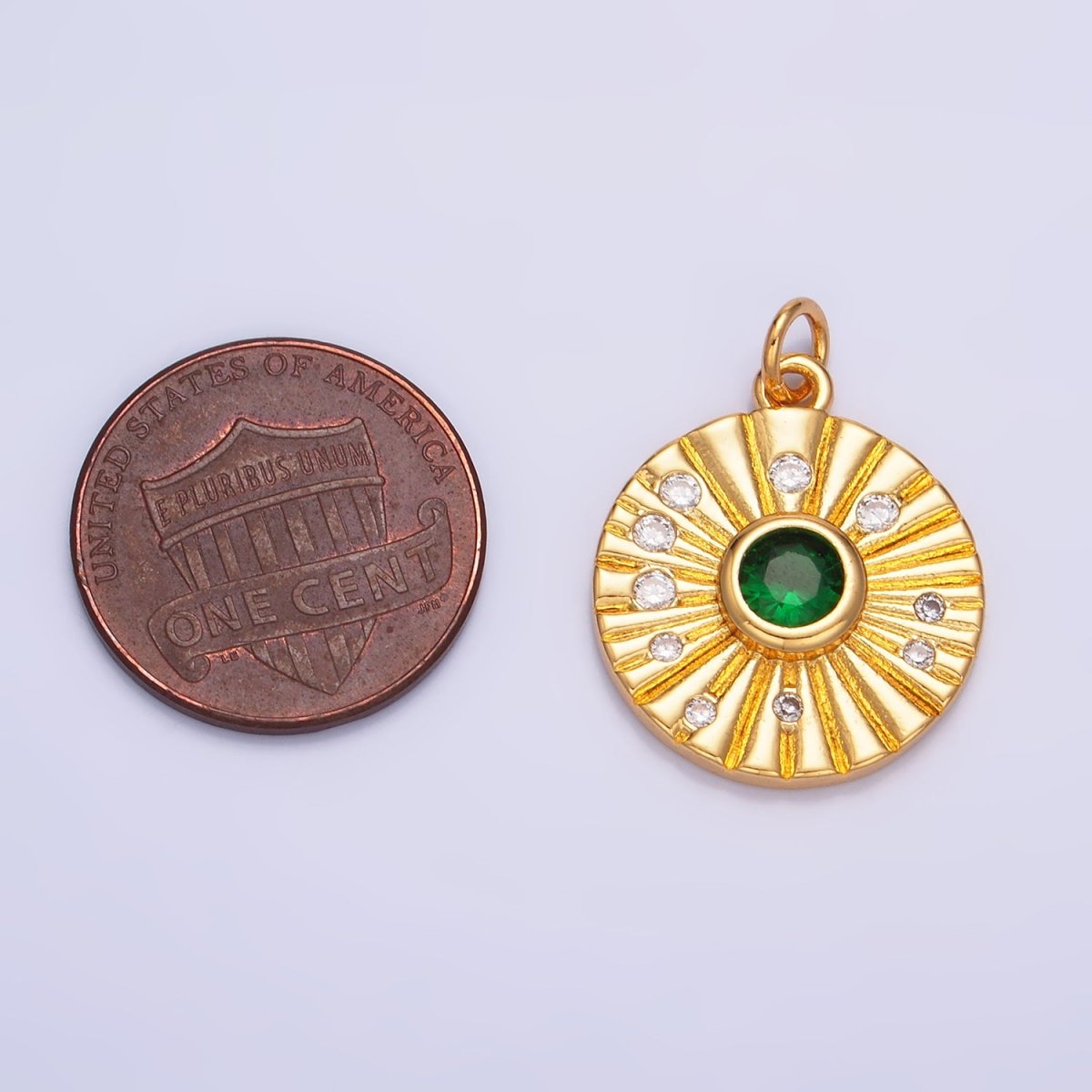 24K Gold plated Green CZ Dotted Ribbed Round Geometric Charm | W274 - DLUXCA