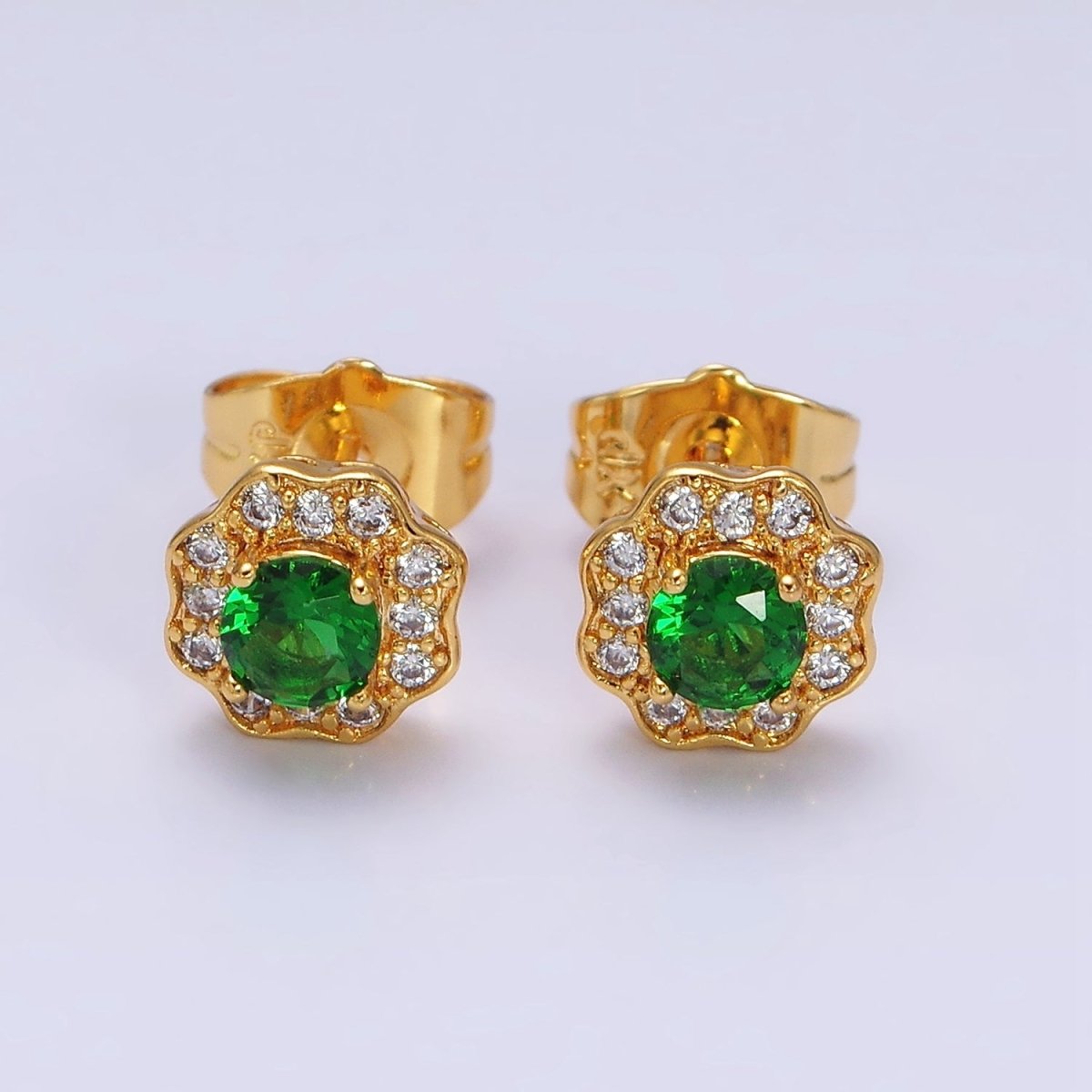 24K Gold plated Green CZ Flower 8mm Stud Earrings | AD1428 - DLUXCA