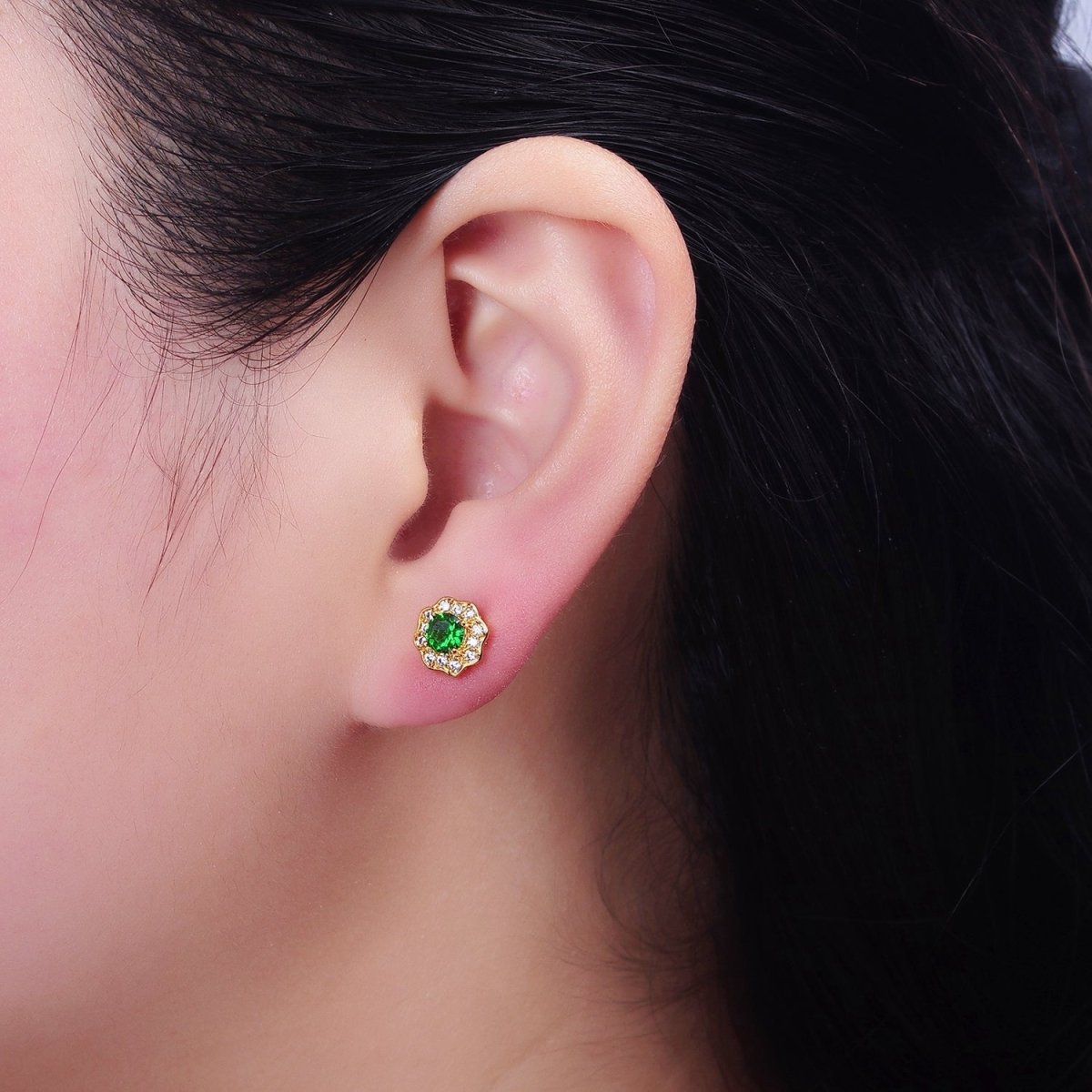 24K Gold plated Green CZ Flower 8mm Stud Earrings | AD1428 - DLUXCA
