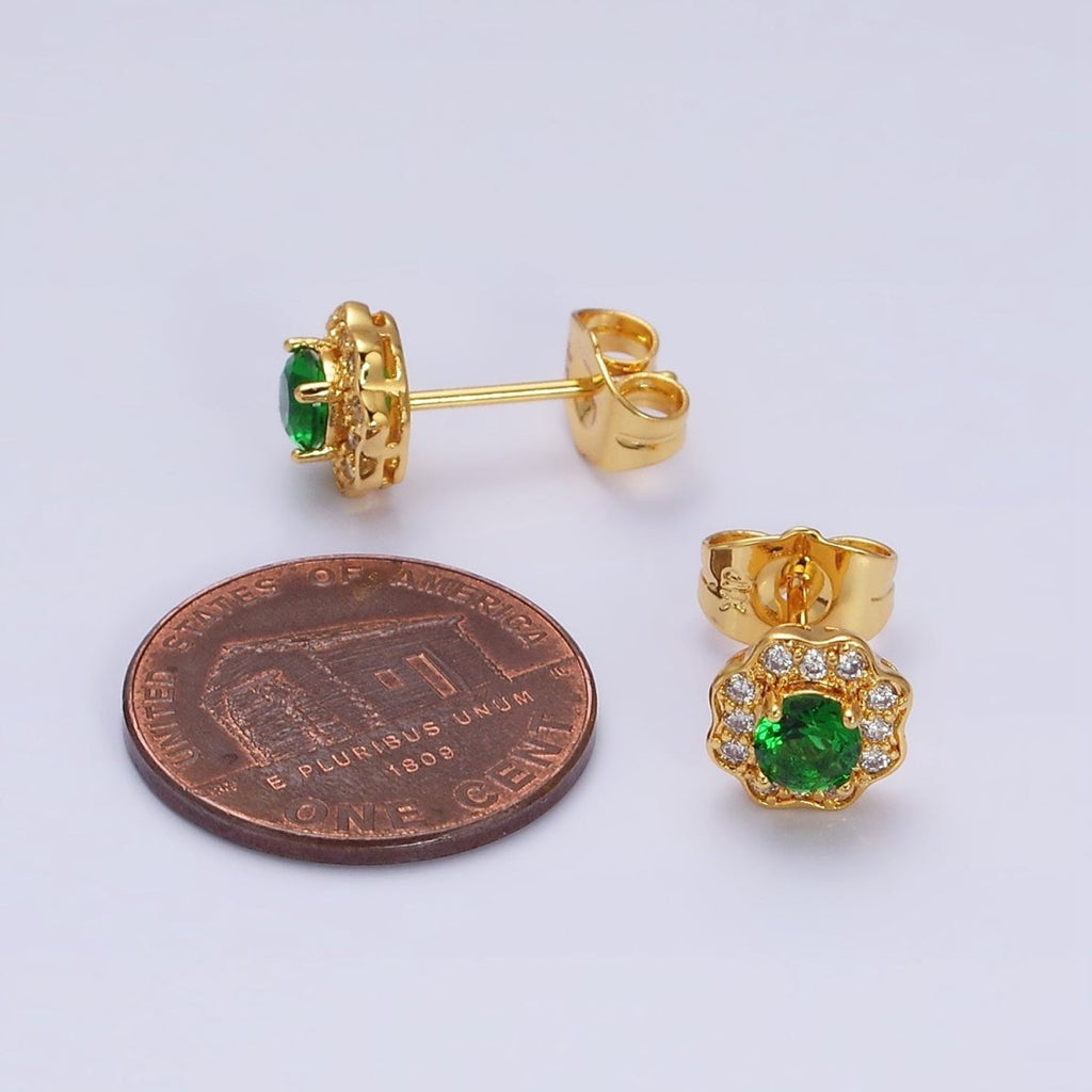 24K Gold plated Green CZ Flower 8mm Stud Earrings | AD1428 - DLUXCA