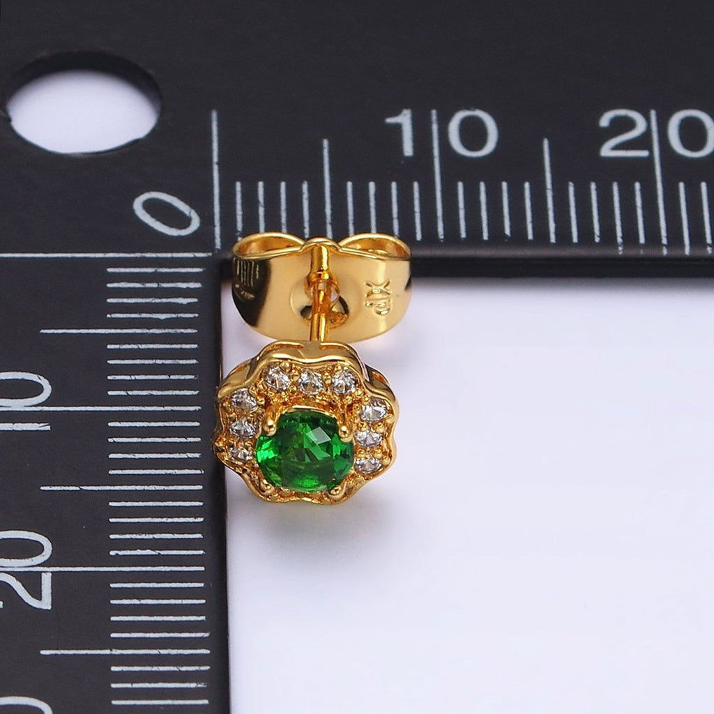 24K Gold plated Green CZ Flower 8mm Stud Earrings | AD1428 - DLUXCA
