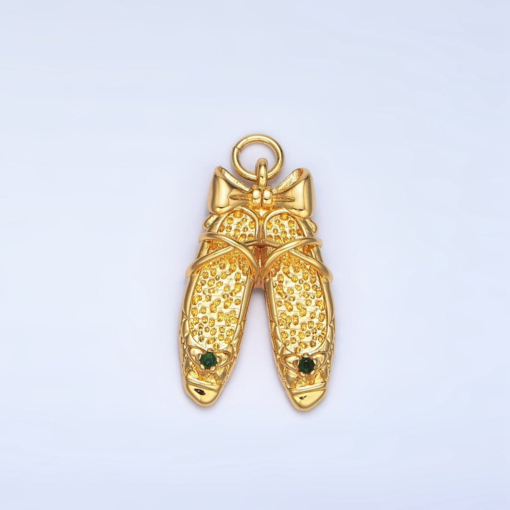 24K Gold plated Green CZ Hammered Ribbon Ballet Dancing Shoes Charm in Gold & Silver | E339