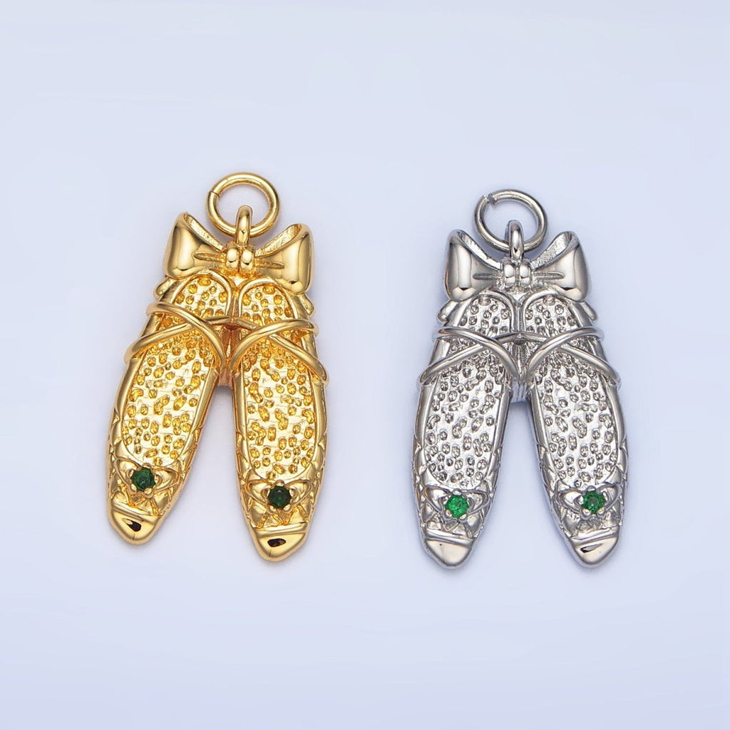 24K Gold plated Green CZ Hammered Ribbon Ballet Dancing Shoes Charm in Gold & Silver | E339