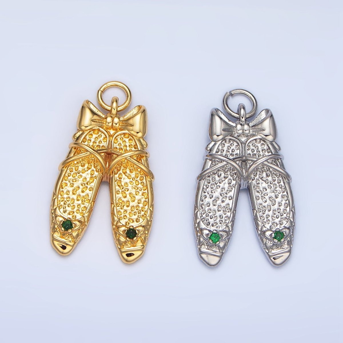 24K Gold plated Green CZ Hammered Ribbon Ballet Dancing Shoes Charm in Gold & Silver | E339