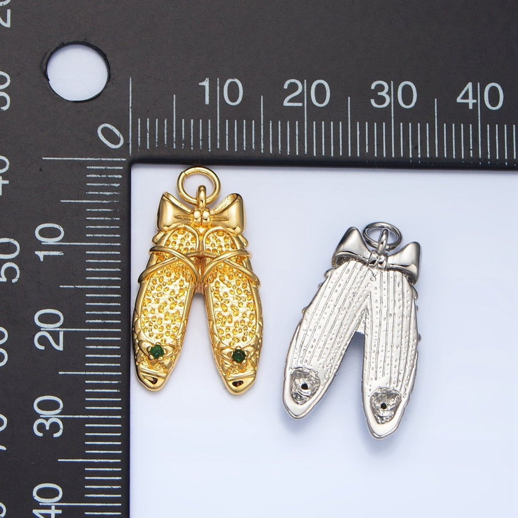 24K Gold plated Green CZ Hammered Ribbon Ballet Dancing Shoes Charm in Gold & Silver | E339