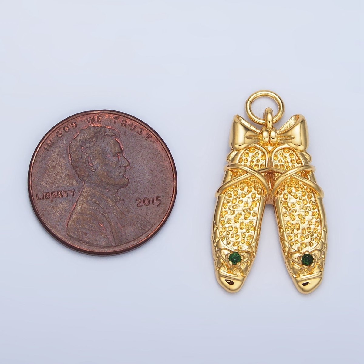 24K Gold plated Green CZ Hammered Ribbon Ballet Dancing Shoes Charm in Gold & Silver | E339