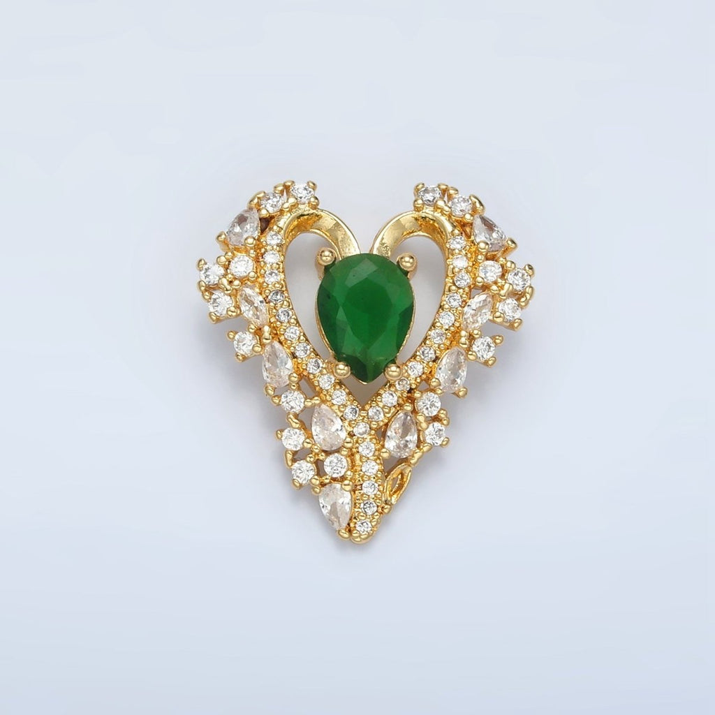 24K Gold plated Green CZ Micro Paved Back Looped Open Heart Pendant | I267 - DLUXCA