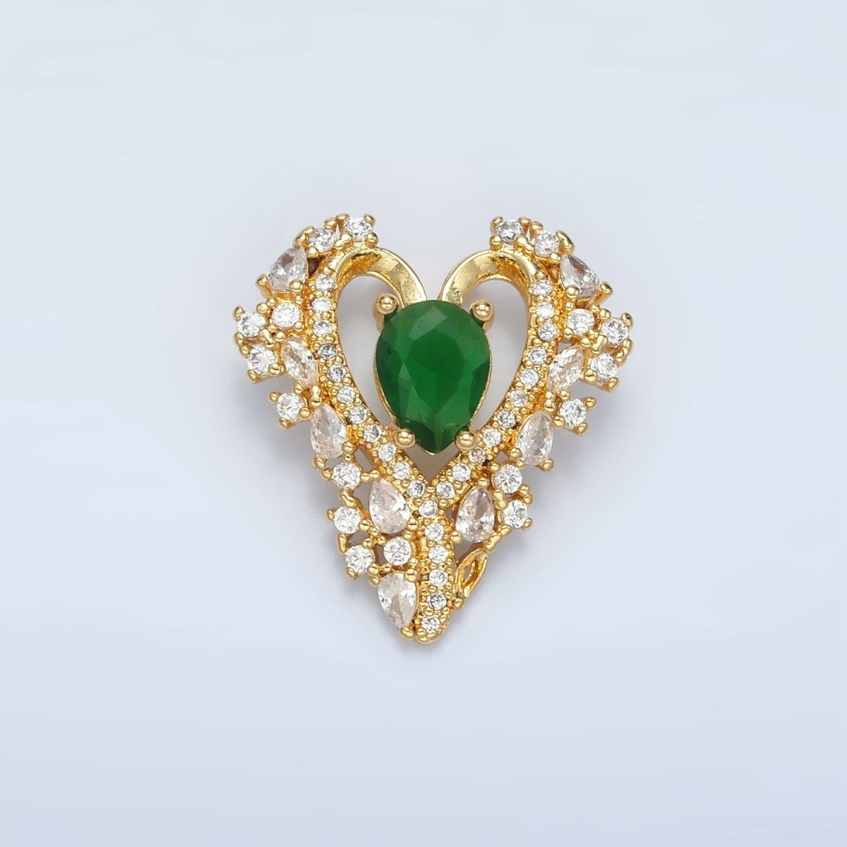 24K Gold plated Green CZ Micro Paved Back Looped Open Heart Pendant | I267 - DLUXCA