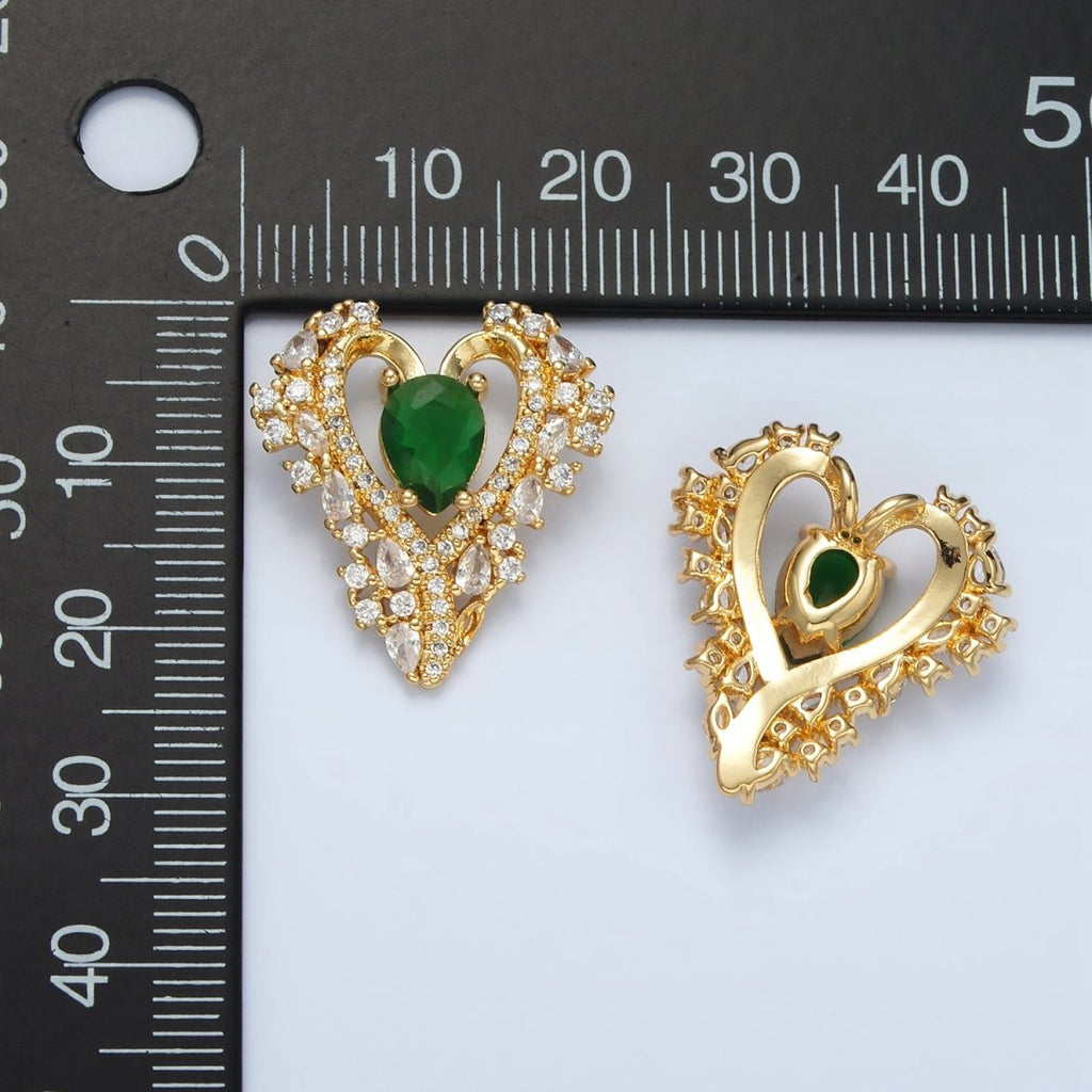 24K Gold plated Green CZ Micro Paved Back Looped Open Heart Pendant | I267 - DLUXCA