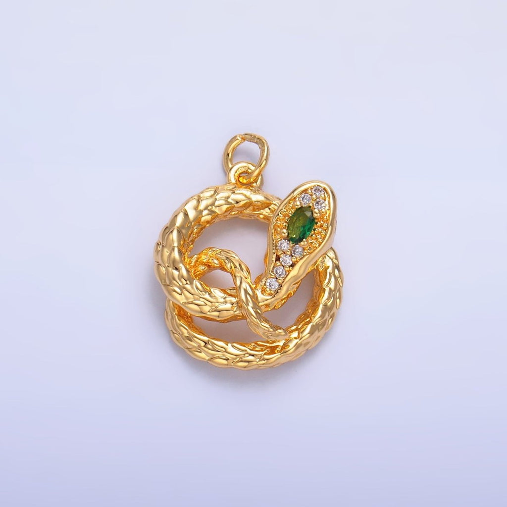 24K Gold plated Green CZ Micro Paved Circular Snake Serpent Animal Charm in Gold & Silver | W365